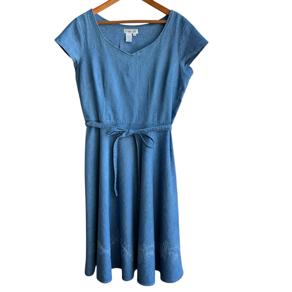 COLDWATER CREEK Blue Chambray Dress 16P 100% Cotton Midi Floral Embroidery